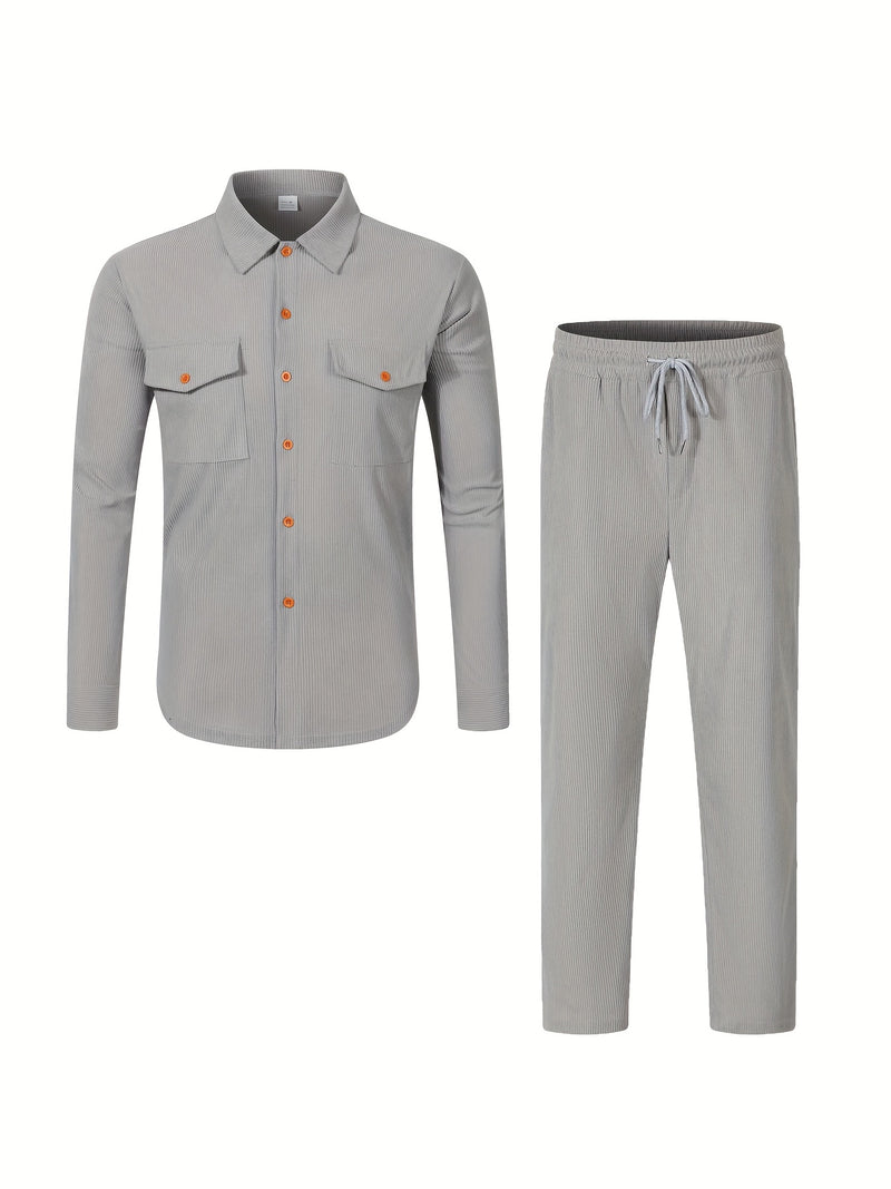 Men'S Casual Two-Piece Set - Olive Green Corduroy  Shirt & Pants.