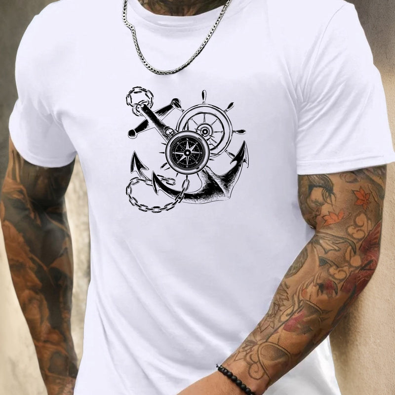 Men's Casual Summer T-Shirt with Anchor and Compass Graphic.
