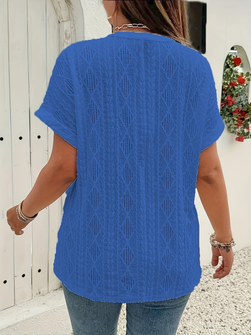 Women's Short-Sleeve V-Neck Solid Color Jacquard Hollow-Out Two-Piece T-Shirt.