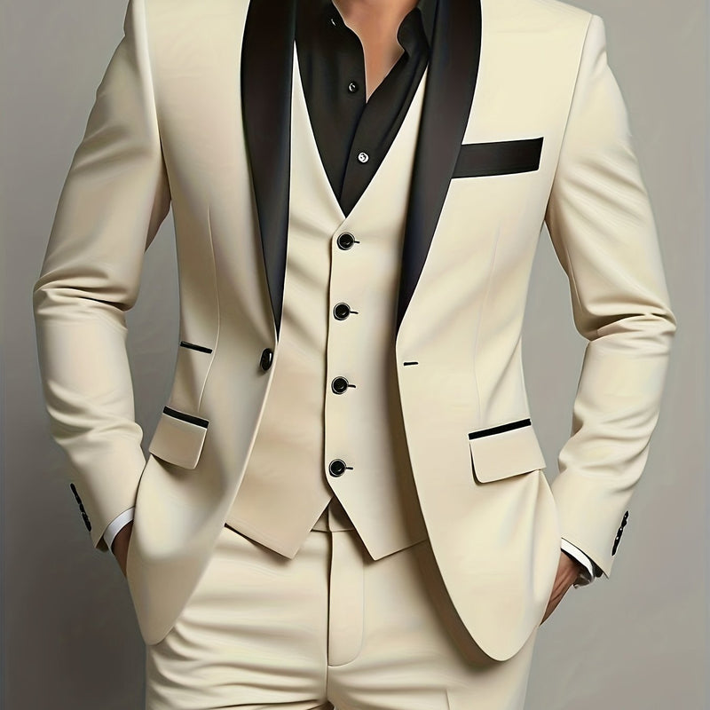 Men's 3pcs Wedding Suit Set - Slim Fit Business Suit Jacket + Single-Breasted Vest.