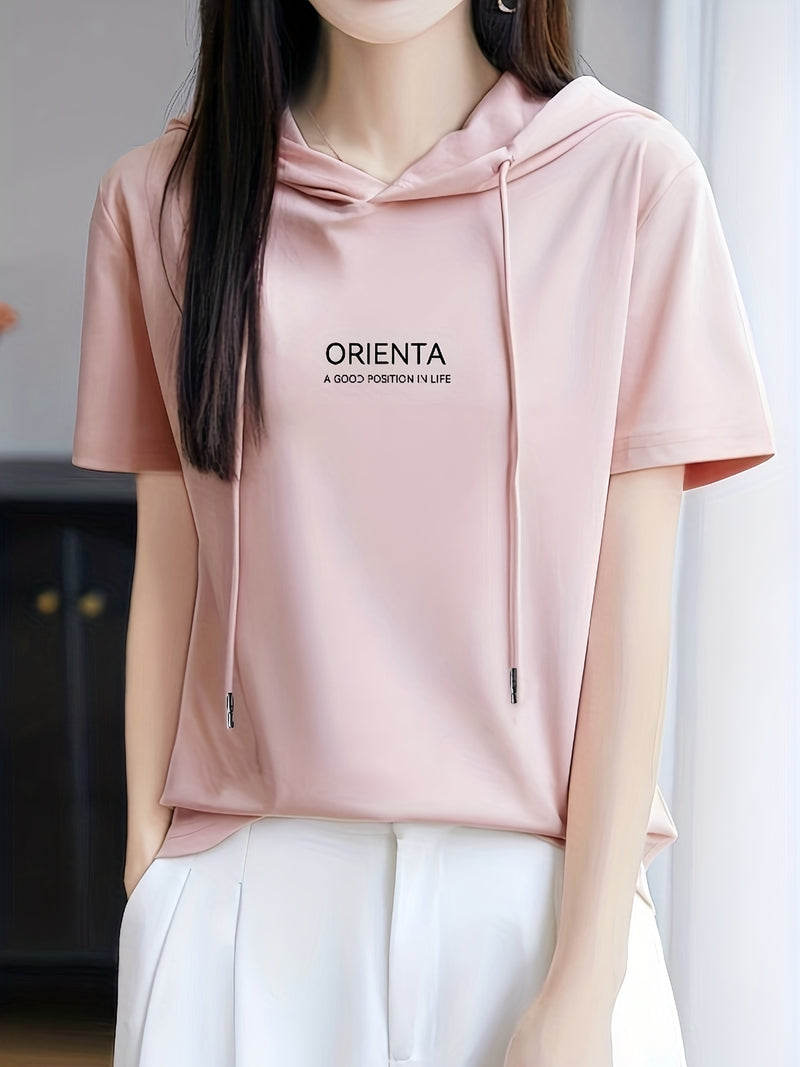 Summer New Korean Version Loose Short Sleeve Thin Trendy Printed Hooded T-Shirt for Women.