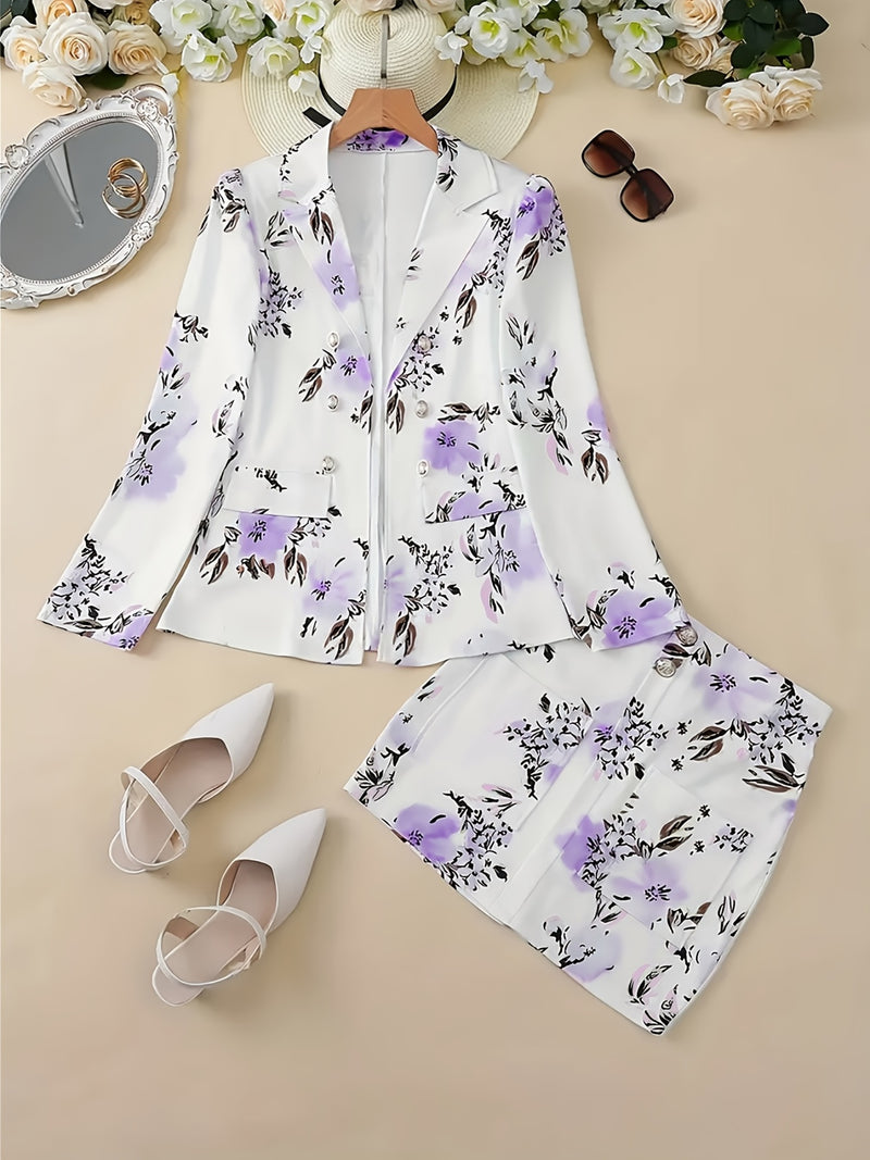 Women's Elegant Floral Print Blazer & Skirt Set.