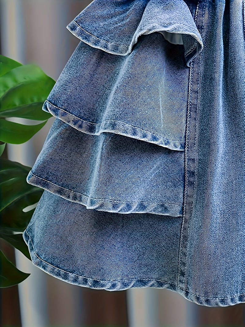 Girls' Summer Fashion Versatile Ruffle-trim Denim Shorts, Comfortable Lightweight.