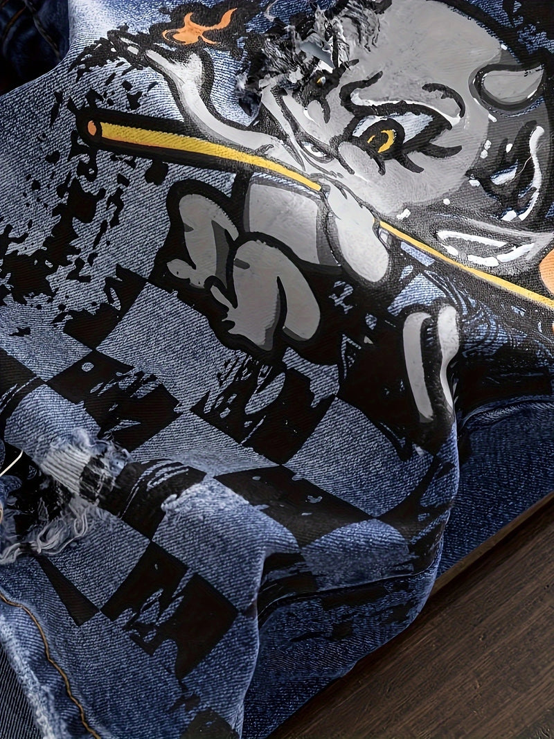 New European and American Vintage Print Ripped Jeans.