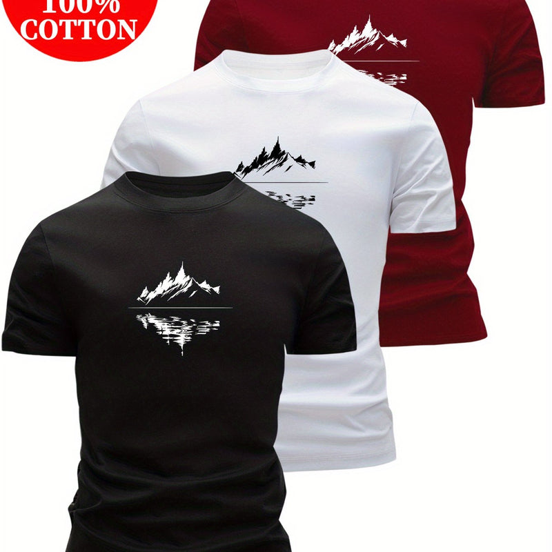 3pcs 100% Cotton T-Shirts with Landscape Pattern.