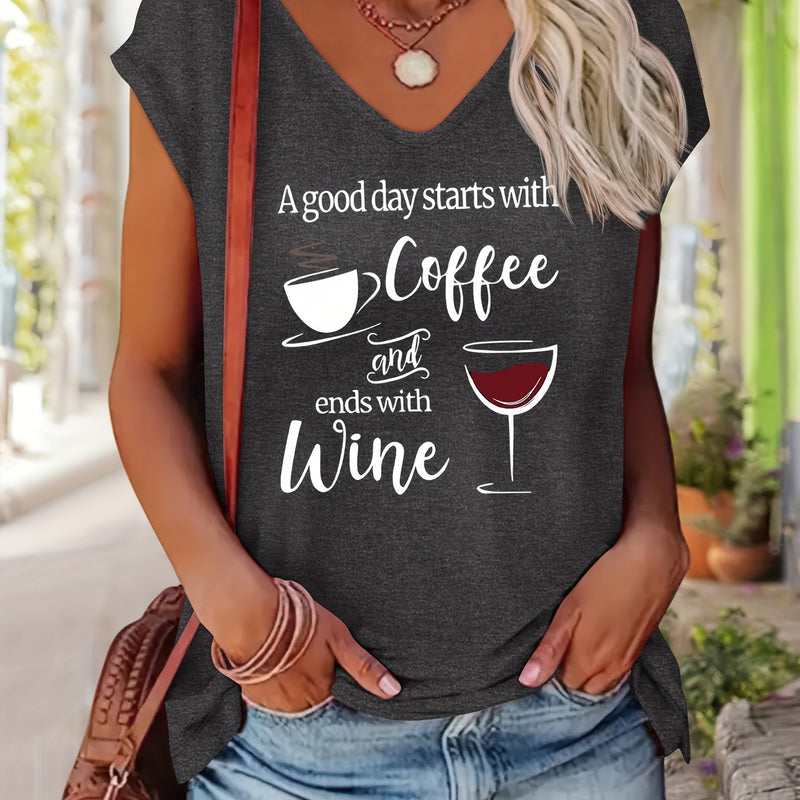 Women’s Comfortable V-Neck Short-Sleeve T-Shirt Features a Print.