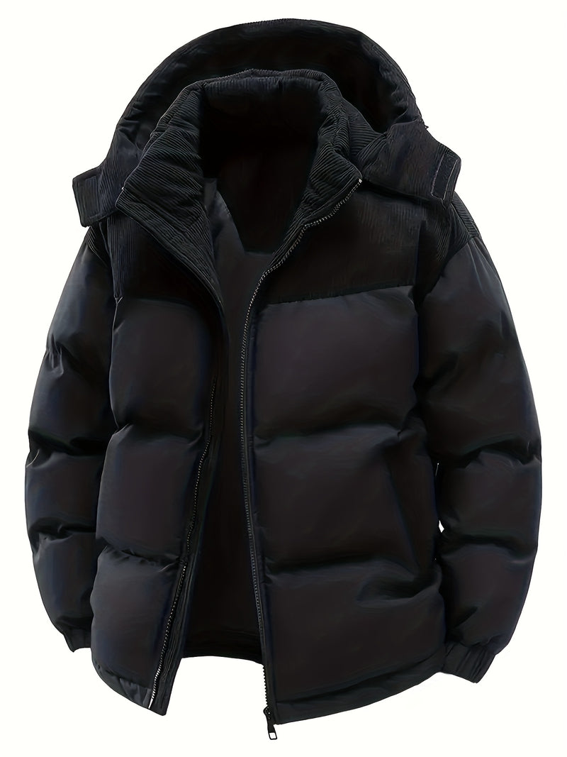 Men'S Thickened Winter Jacket with Corduroy Patchwork And Hood.
