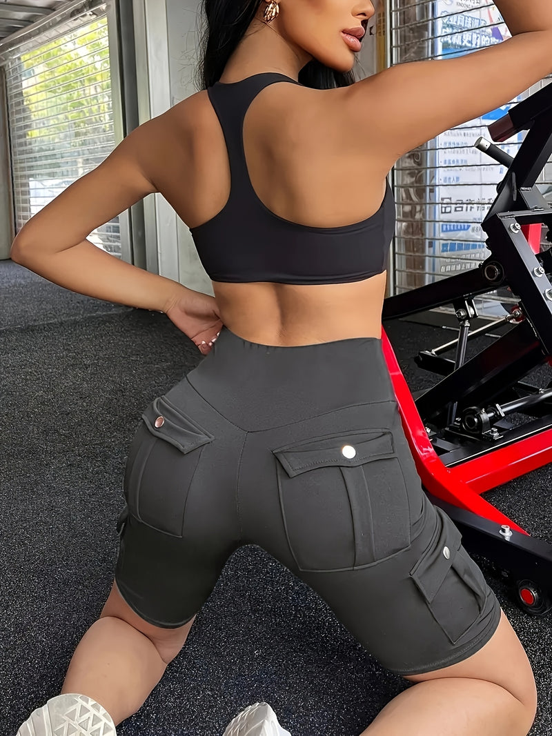 High-Waist Women's Solid Color Athletic Yoga Cargo Shorts for Exercise & Fitness.