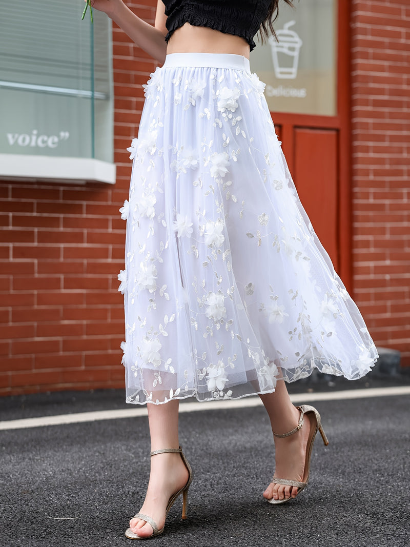Women’s Double-layer Mesh Flared A-line Embroidered Floral Skirt.