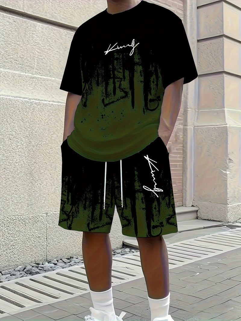 Men's New Round Neck Casual T-Shirt and Shorts Set.