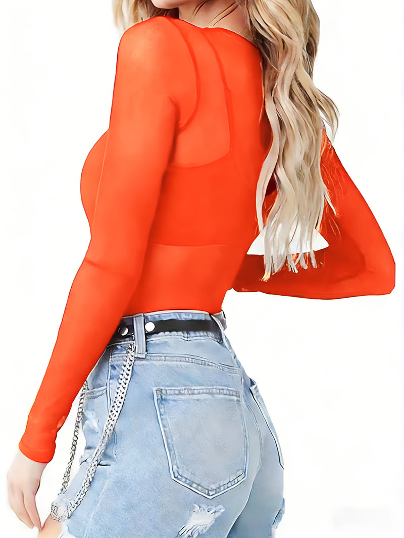 Women's Mesh Solid Color Sheer Sexy Stretchy Bodycon Thin Long-Sleeve Top.