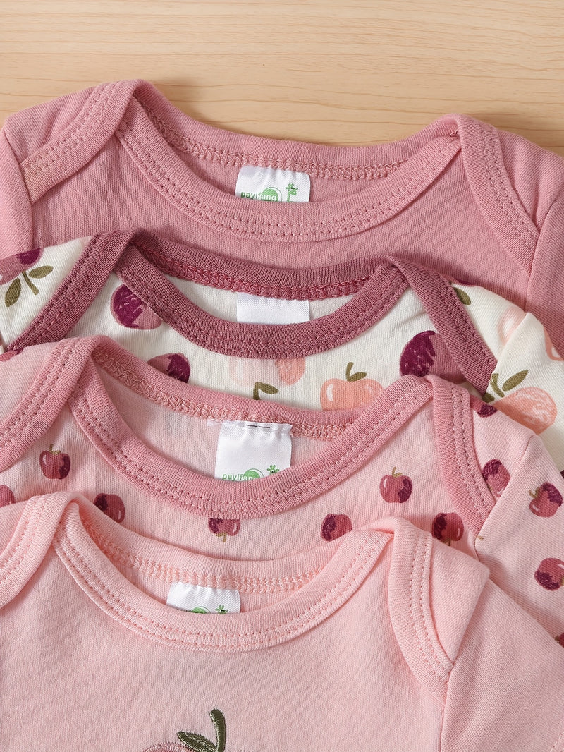 Girls' 4pcs Set of Triangle Bodysuits with Cute Patterns.