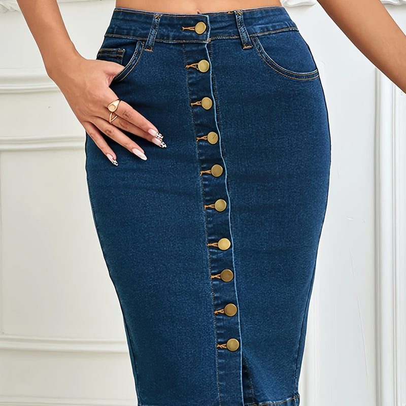 Women's High-Waist Stretch Denim Pencil Skirt with Front Button Closure.