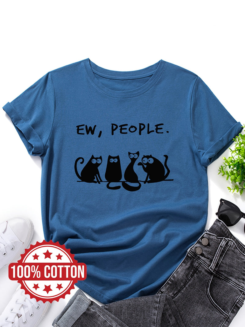 Women’s cat Print Ladies' T-shirt Casual Top for Summer & Spring.