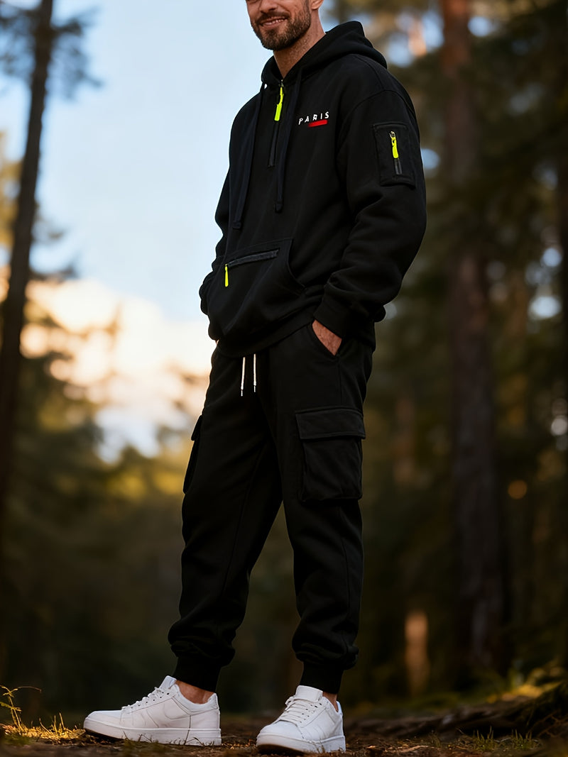 Men's Halloween Paris Letter Print Hoodie & Drawstring Cargo Jogger.