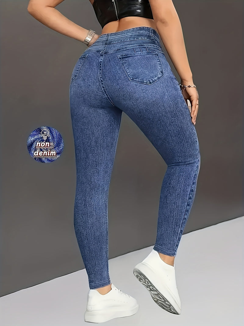 Women's Stretchy Faux Denim Printed Leggings with a Casual Matte Texture.