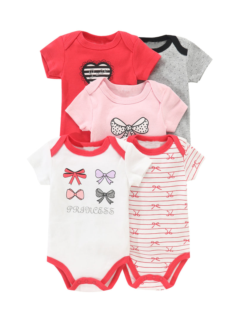 5pcs Newborn Baby Girl Bodysuit Set, Cute Casual Romper with Embroidery.