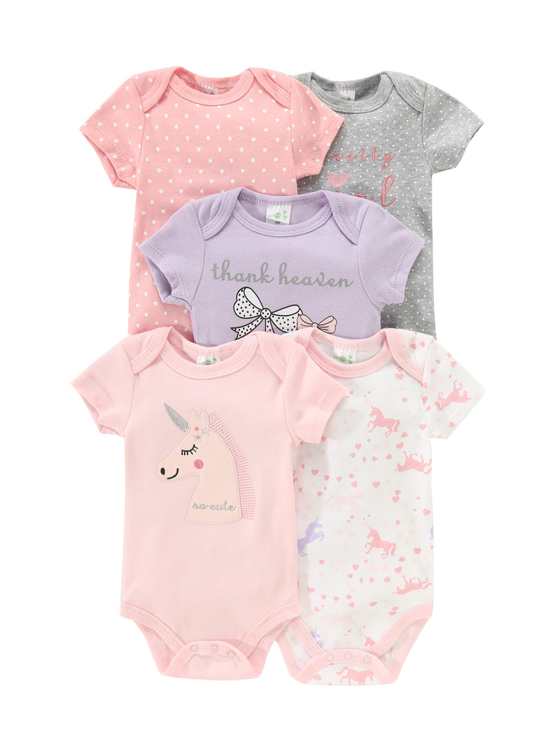 5pcs Newborn Baby Girl Bodysuit Set, Cute Casual Romper with Embroidery.