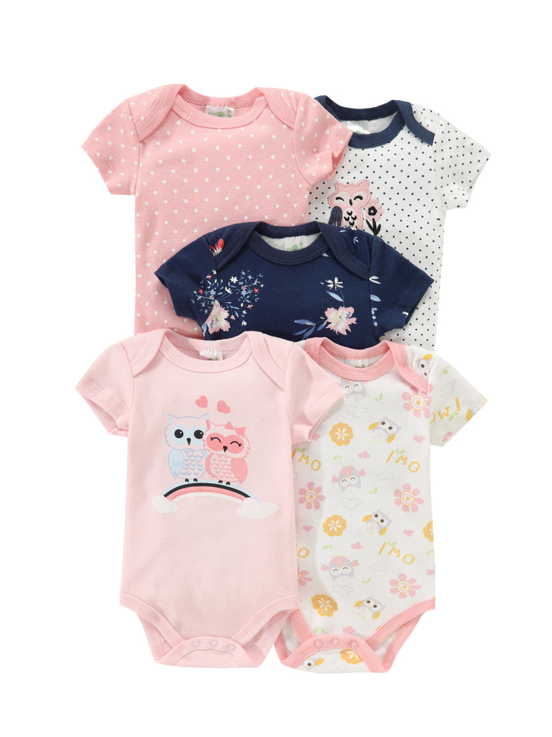 5pcs Newborn Baby Girl Bodysuit Set, Cute Casual Romper with Embroidery.