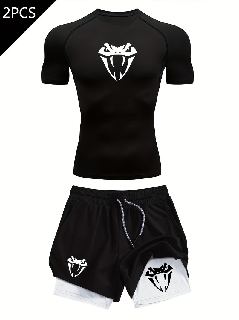 Men's Snake Head Print Two-Piece Set: Short Sleeve Top+Shorts.