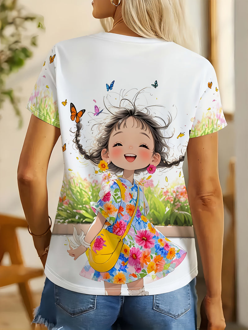 Women's Elegant Cartoon Print T-Shirt.