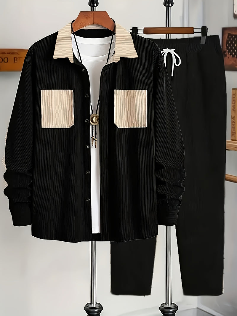 Men's Corduroy Outfit Set, Contrast Lapel Shirt Jacket + Simple Restraint Pants.