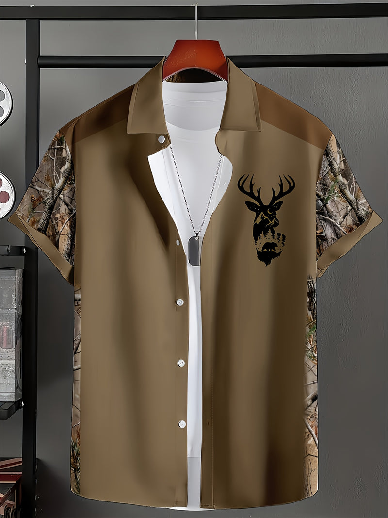 Men’s Brown Camouflage Short-Sleeve Shirt with Deer Head Embroidery.