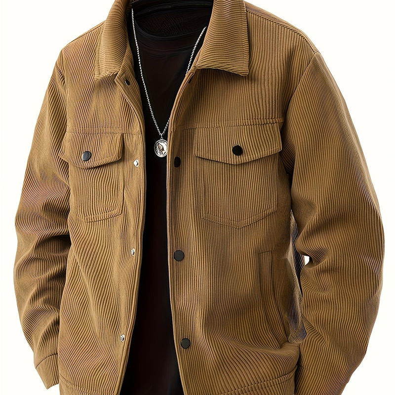 Men's Corduroy Cargo Jacket with Multiple Pockets - Polyester Casual Workwear.