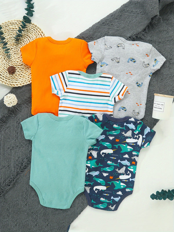 5pcs Set Newborn Marine Life Romper Cute Shark Toddler Triangle Onesie.