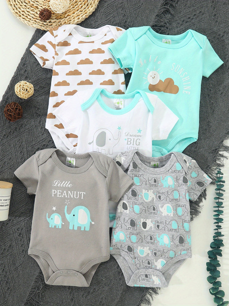 Set of 5 Cute Newborn Bodysuits Featuring Cloud And Elephant Prints.
