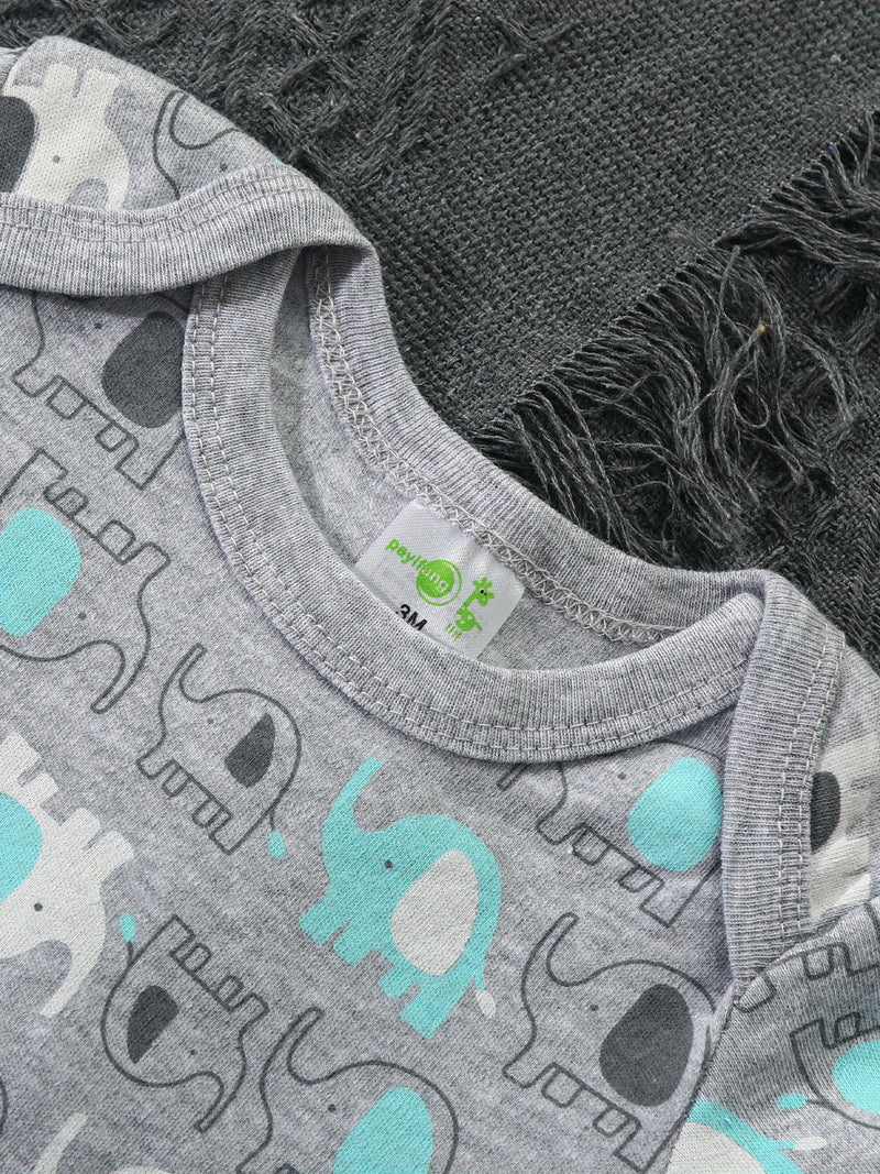 Set of 5 Cute Newborn Bodysuits Featuring Cloud And Elephant Prints.