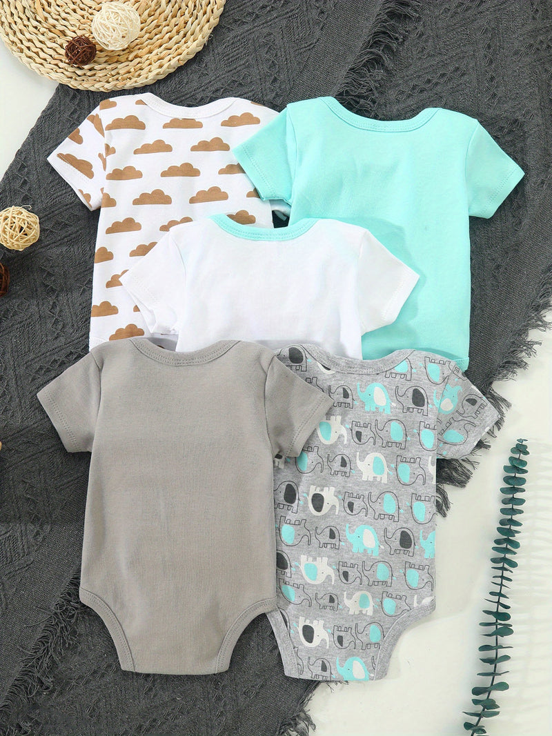 Set of 5 Cute Newborn Bodysuits Featuring Cloud And Elephant Prints.
