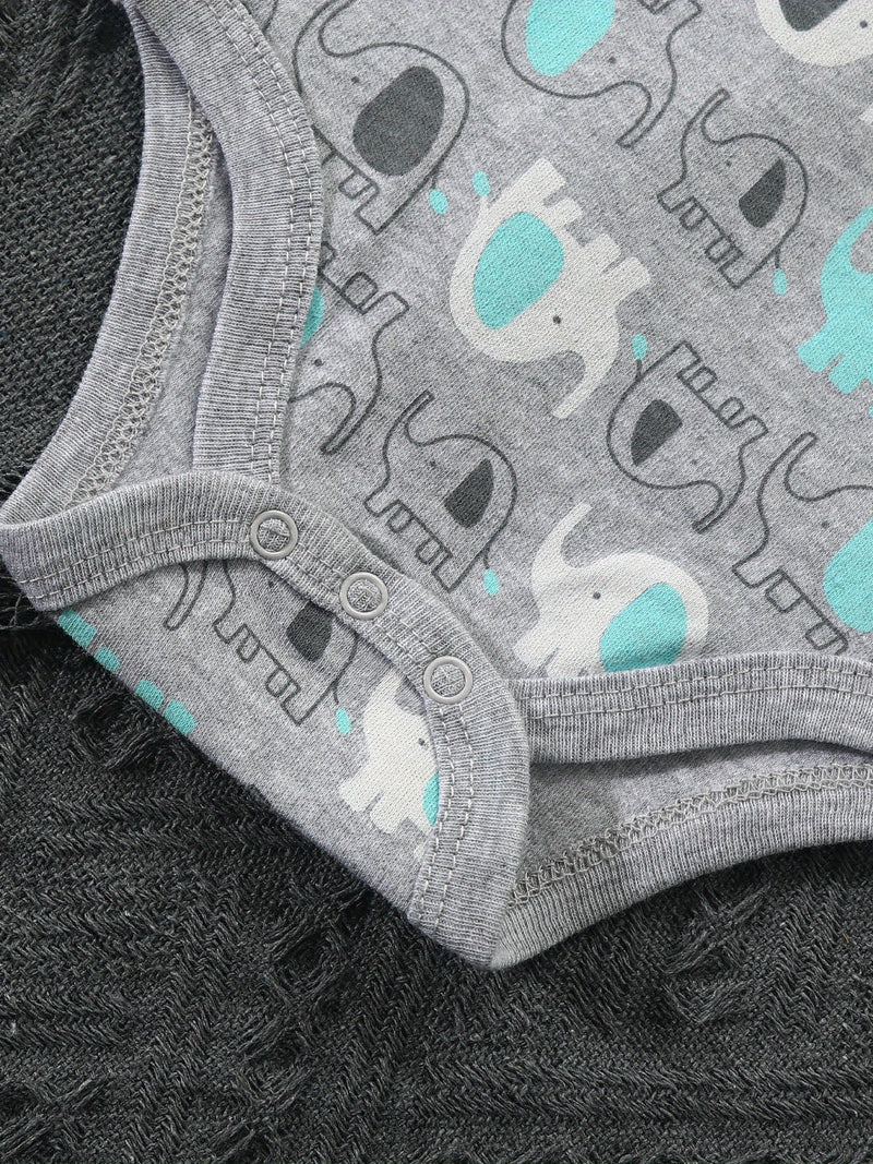 Set of 5 Cute Newborn Bodysuits Featuring Cloud And Elephant Prints.