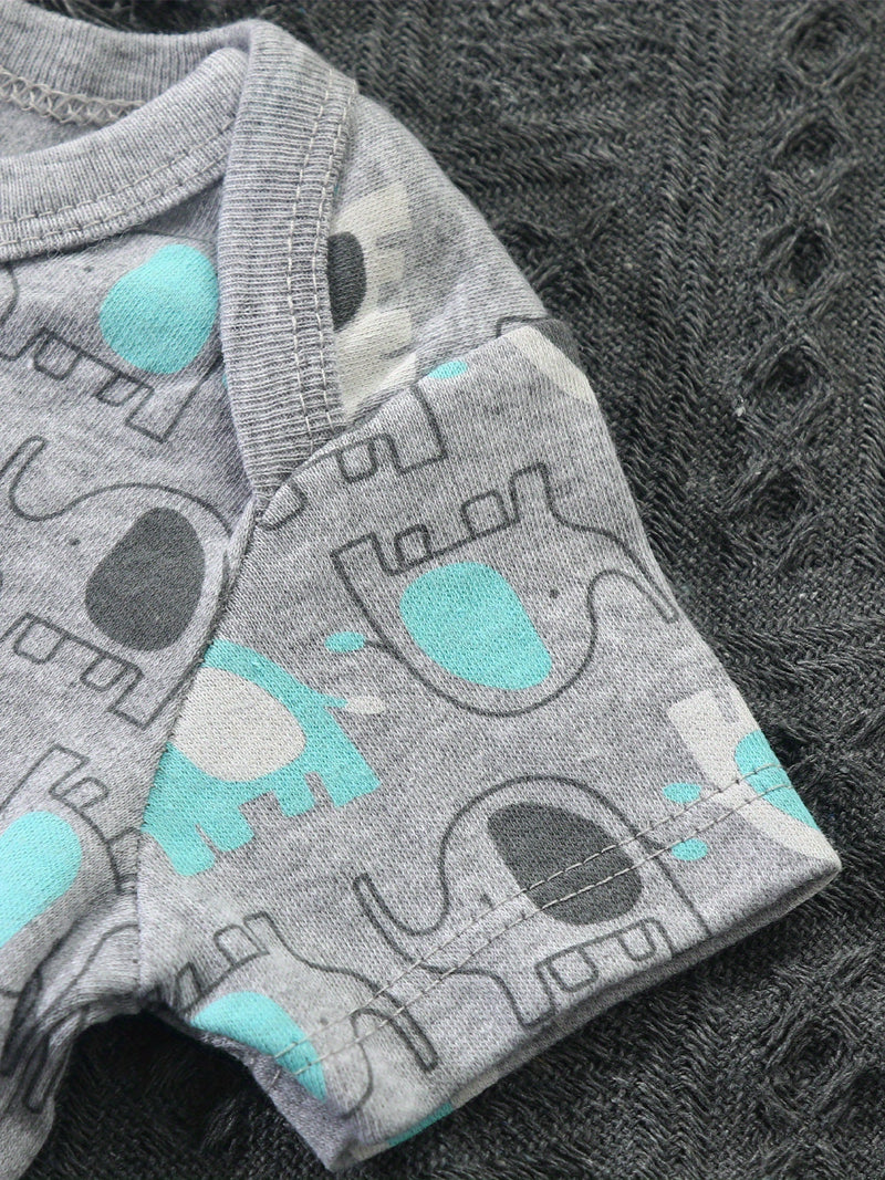 Set of 5 Cute Newborn Bodysuits Featuring Cloud And Elephant Prints.