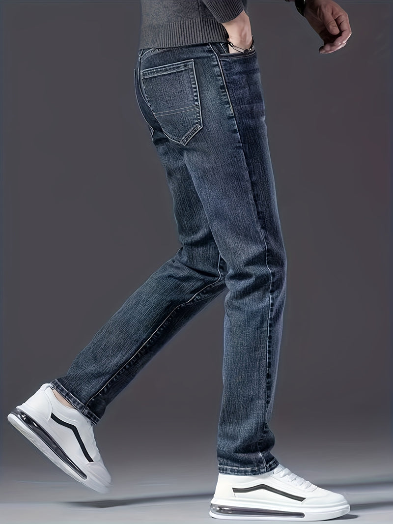 Men's Slim-Fit Stretch Denim Jeans in Dark Blue, Suitable for All Seasons.