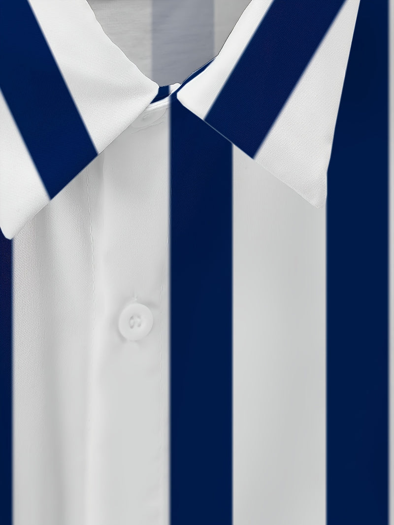 Men's Fashion 2pcs Set Blue and White Vertical Striped Button.