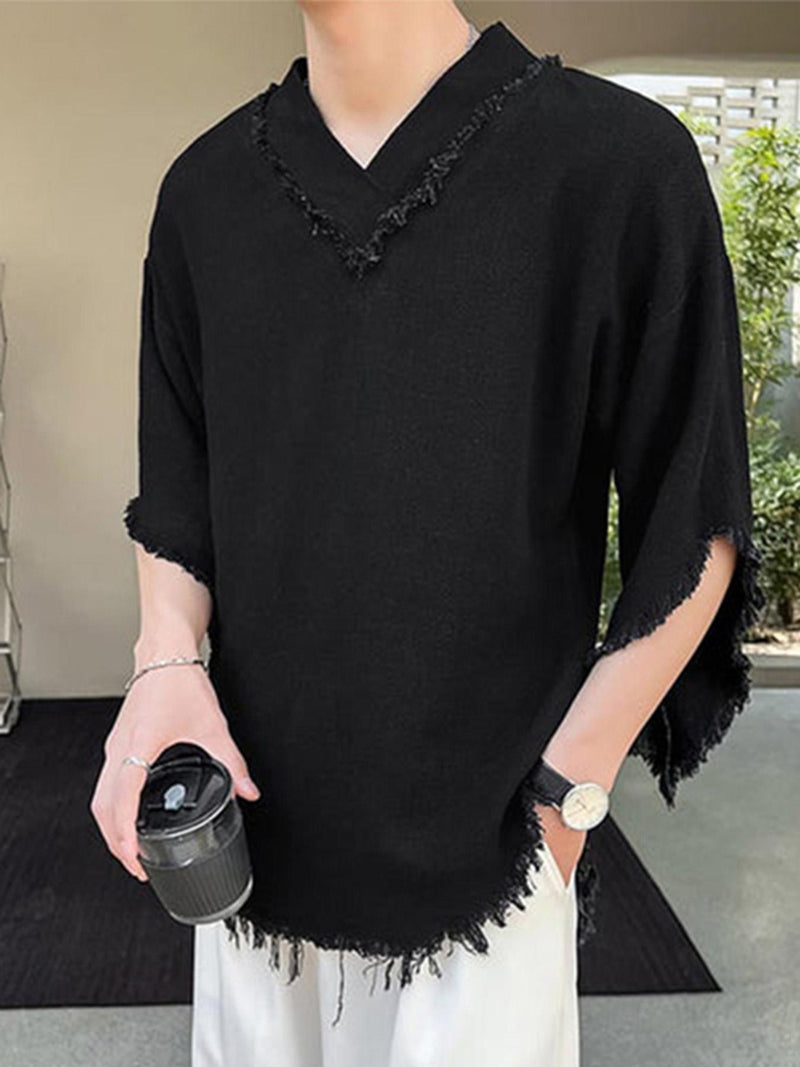 Men's Casual V-Neck Sleeve Semi-Transparent Loose-Fit T-Shirt.