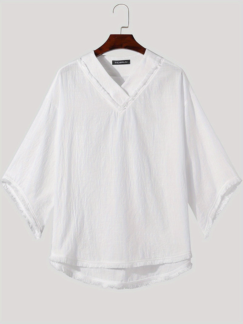 Men's Casual V-Neck Sleeve Semi-Transparent Loose-Fit T-Shirt.