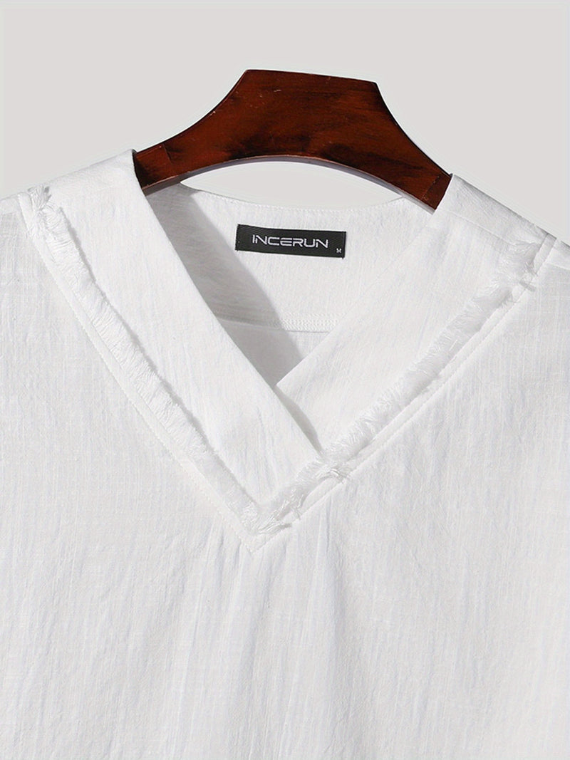 Men's Casual V-Neck Sleeve Semi-Transparent Loose-Fit T-Shirt.