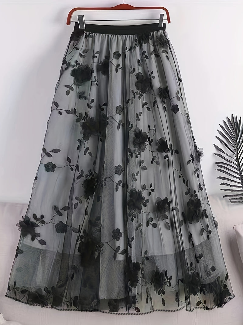 Women’s Double-layer Mesh Flared A-line Embroidered Floral Skirt.