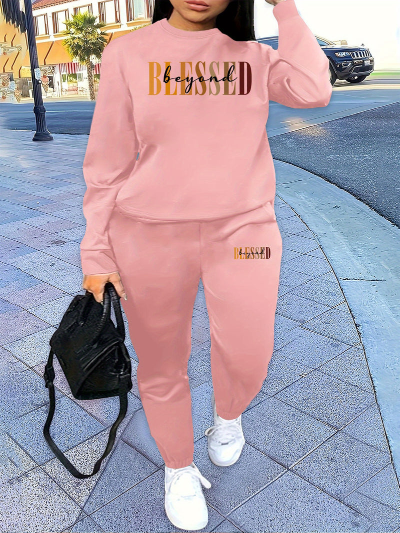 Women’s Letter Print Two Piece Set, Crew Neck Sweatshirt & Pants.