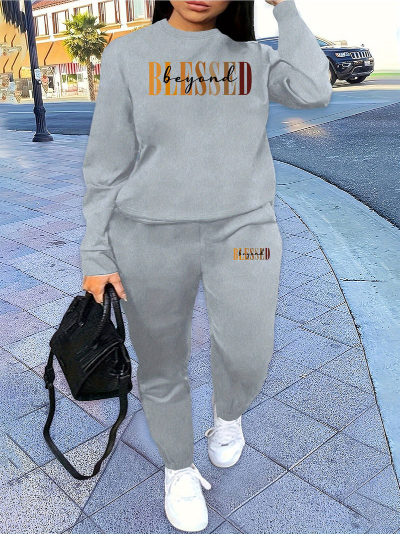 Women’s Letter Print Two Piece Set, Crew Neck Sweatshirt & Pants.