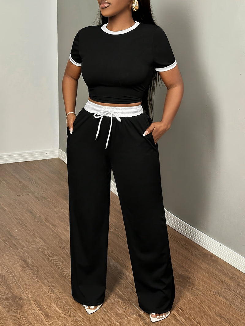 Women's Sexy Color Block Short-Sleeved T-Shirt And High-Waisted Belt Bandage Trousers.