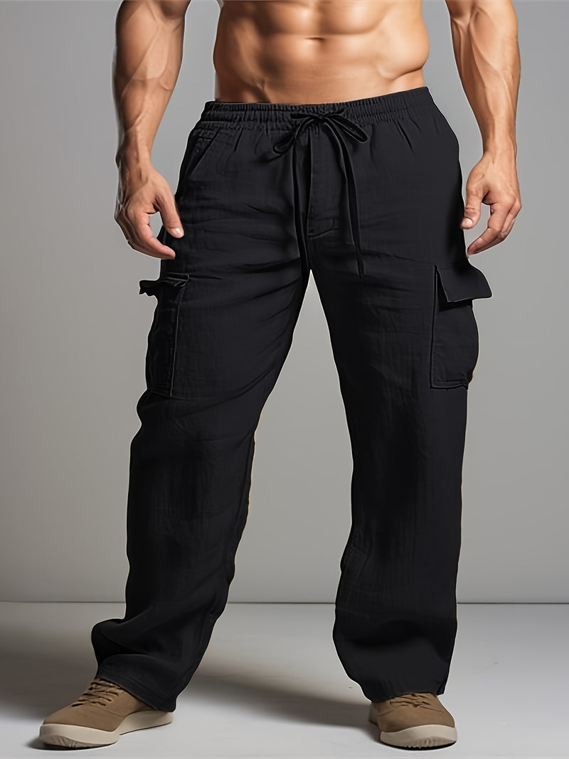 Linen Drawstring Elastic Waist Multi-Pocket Casual Long Pants.