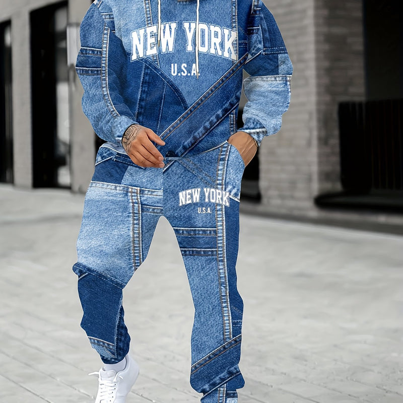 Men's Autumn Lettered Faux Denim Effect Hoodie And Sweatpants Two-Piece.