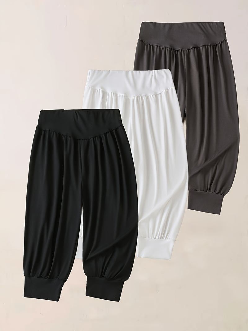 3pcs Women's 7/8 Harem Pants - Casual Stretch Polyester.