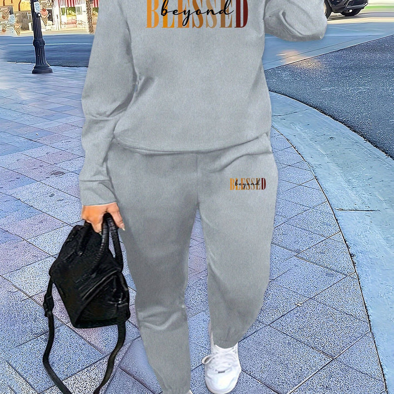 Women’s Letter Print Two Piece Set, Crew Neck Sweatshirt & Pants.