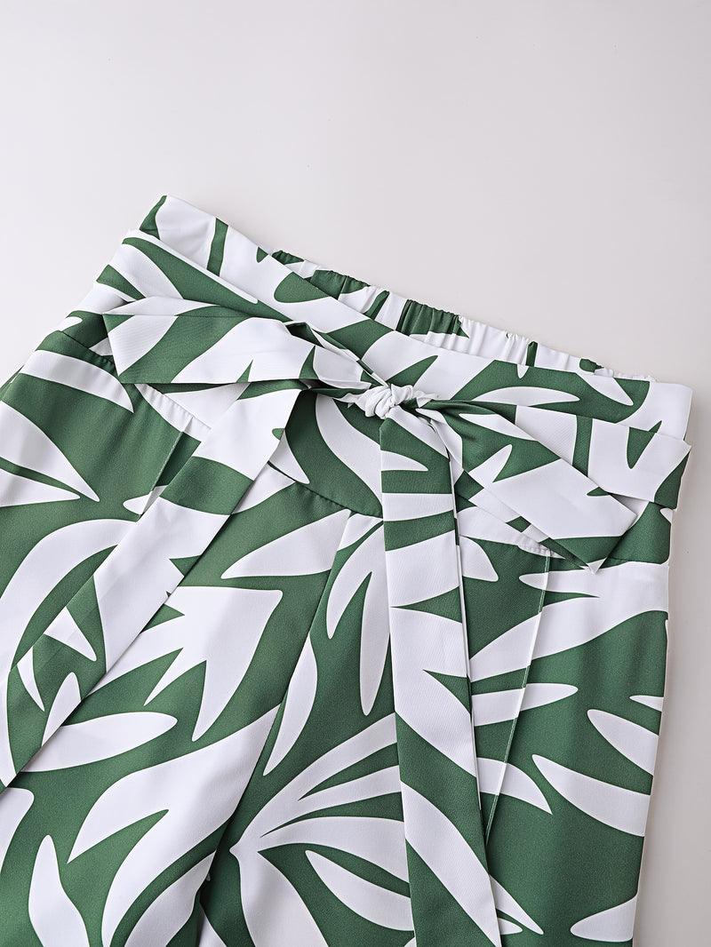 Women’s Elegant White Off-Shoulder Tank Top & Green & White Geometric Print Wide-Leg Pants.