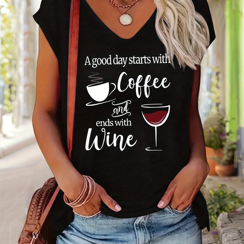 Women’s Comfortable V-Neck Short-Sleeve T-Shirt Features a Print.