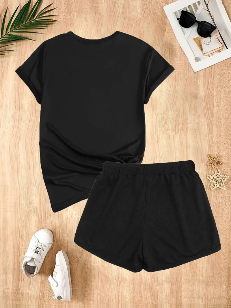 2pcs Women's Y2K Elegant V-Neck Short-Sleeve Blouse & Matching Shorts.